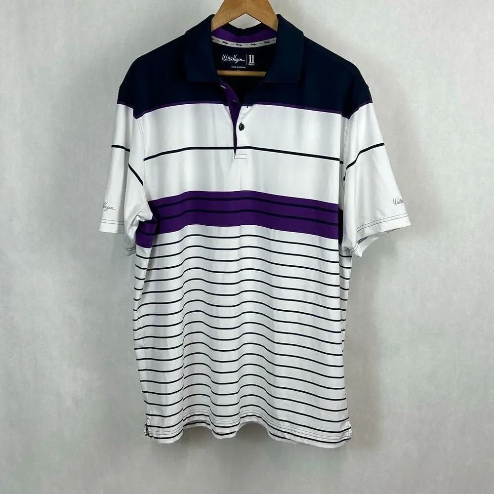 Walter Hagen Polo Golf Shirt Sz XL White Purple Stripe Performance Short Sleeve